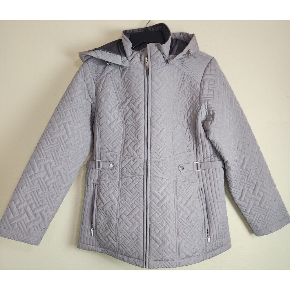 Giacca Women's Quilted Beige Tan Jacket Coat  L Large‎ Long Line Removable Hood